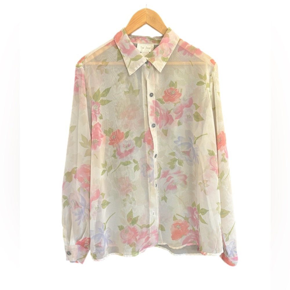 Vintage sheer white and pink floral pattern long sleeve button up top - Picture 2 of 4